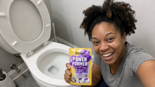Customer Lisa Esposito holding fuugu Power Foamer next to clean toilet