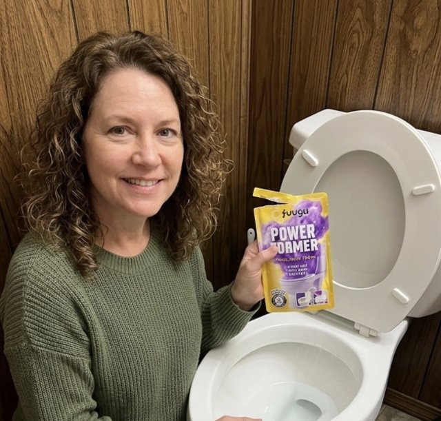 Customer Linda Davis showing opened fuugu Power Foamer sachet in bathroom