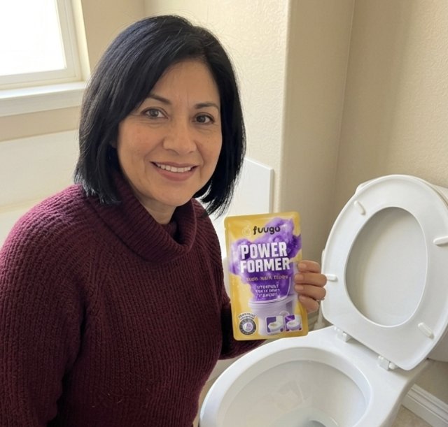Customer Miriam Guerra holding fuugu Power Foamer pouch in bathroom