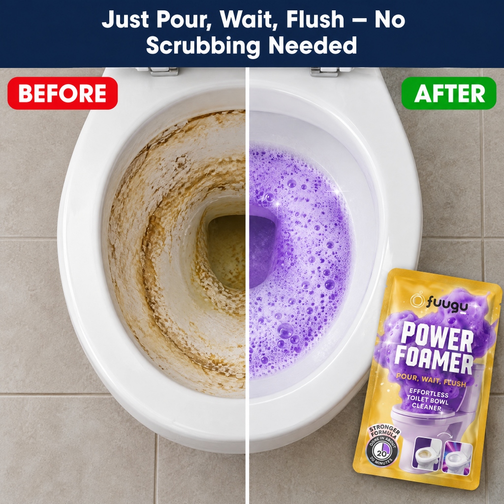 Visual reference showing the toilet bowl before and during the purple foam cycle