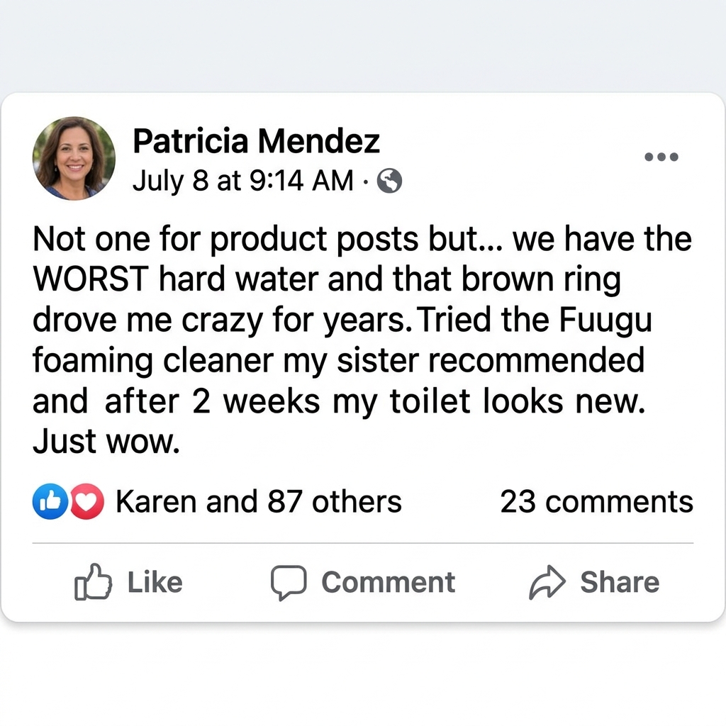 Facebook post by Patricia Mendez praising Fuugu foaming cleaner on worst hard water brown ring