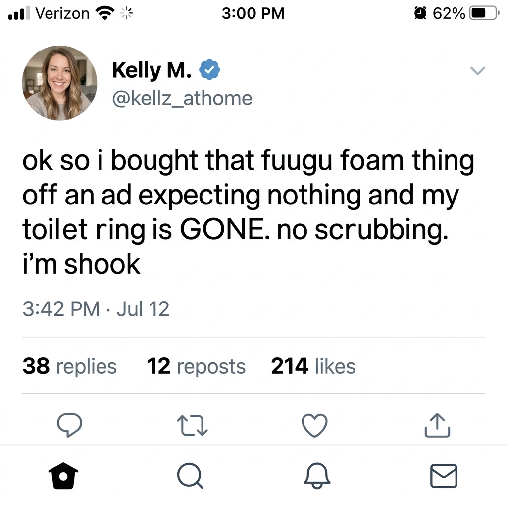 Tweet by Kelly M. @kellz_athome: ok so i bought that fuugu foam thing off an ad expecting nothing and my toilet ring is GONE. no scrubbing. i'm shook